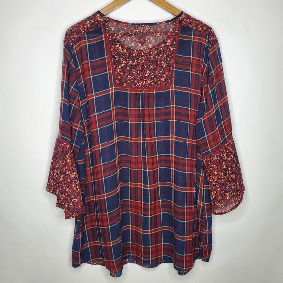 Catherines Womens Red Plaid Floral Semi Sheer Blouse Size 1X 3/4 Sleeve Boho - Picture 2 of 8